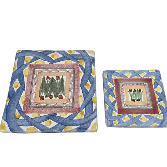 Mackenzie Childs 6X6 & 4X4 Aaslmeer Tiles Trivet Tulips Pastel Floral set of 2 - Picture 1 of 8